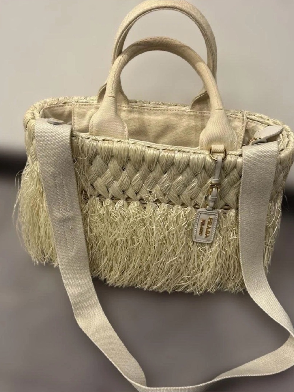 Prada Straw Fringe Tote in Cream